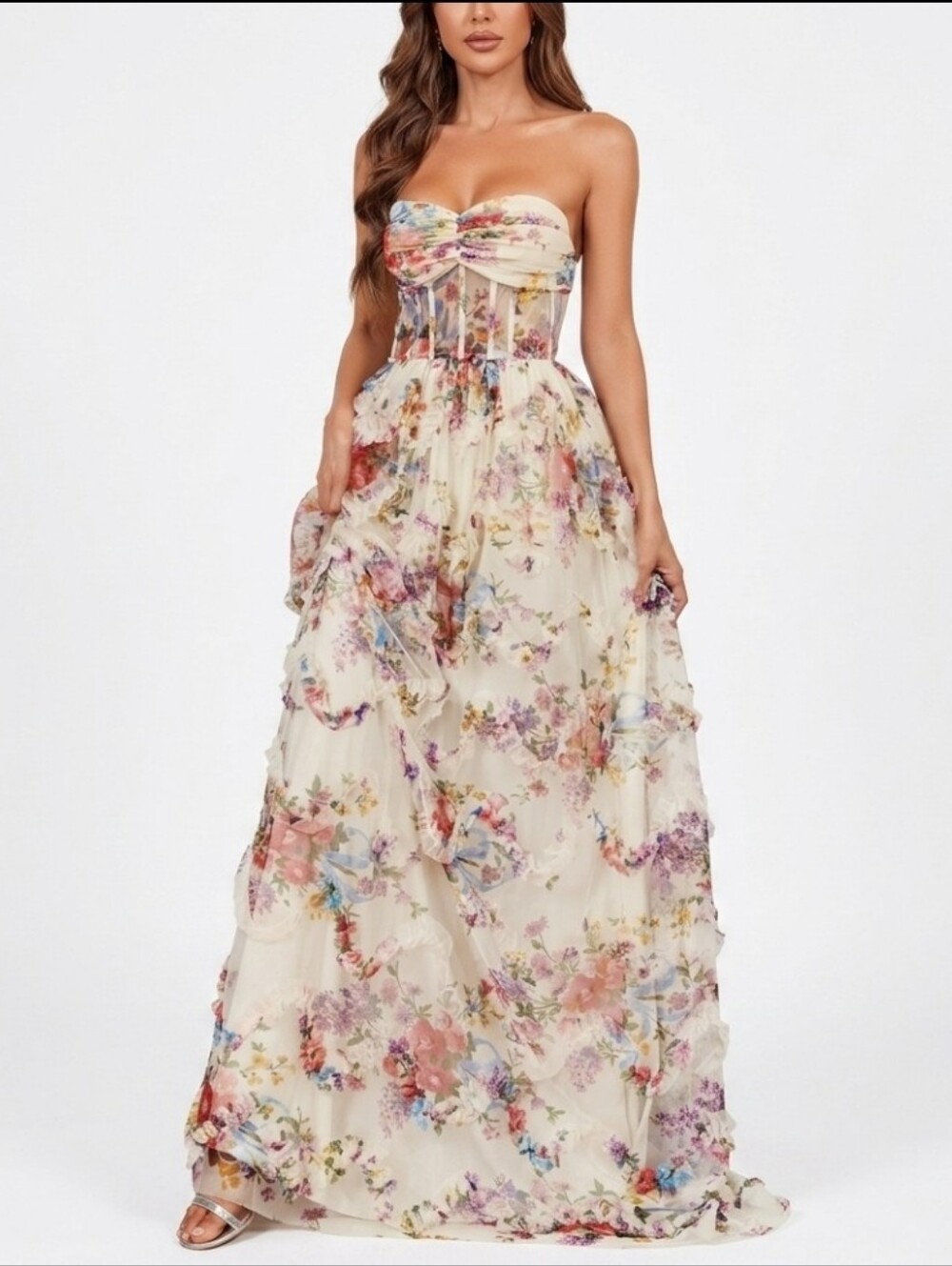 Strapless Floral Maxi Dress in Cream Floral Print